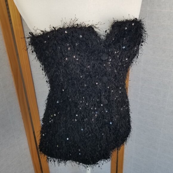 Zara Black Sequined Bustier Top Strapless Button Front Stretch Size Medium - Picture 3 of 14